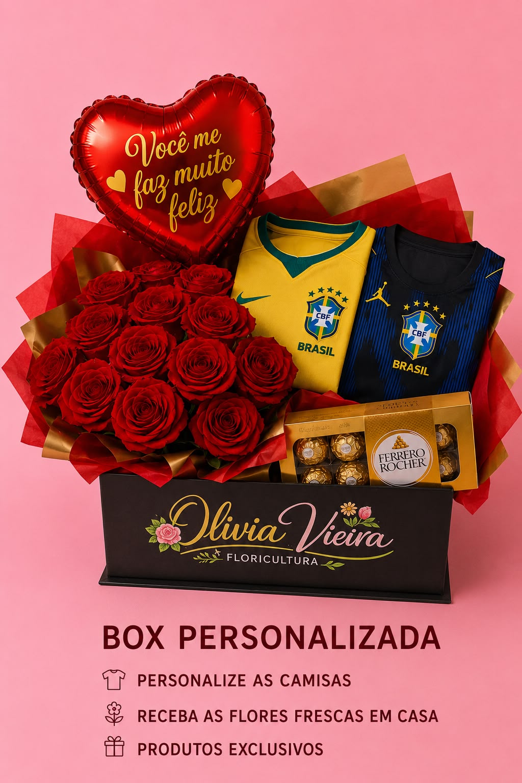 KIT BOX EXCLUSIVA DIA DOS NAMORADOS COPA DO MUNDO - 2 CAMISAS SELEÇÃO, FLORES FRESCAS, BALÃO, CARTÃO, PELÚCIAS E CHOCOLATES